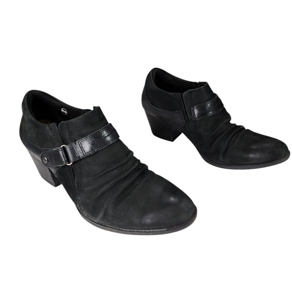 Earth Ankle Booties sz 8 Women Angel Black Leather Heeled Ruched Buckle Strap 2" - Picture 1 of 12